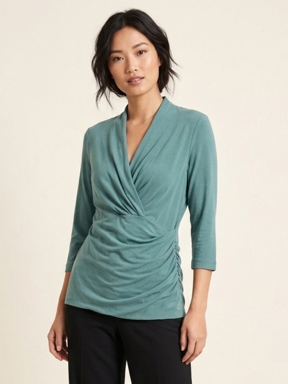 Peruvian Connection L Faux Wrap Top Blouse Pima Cotton Stretch Comfy Eco Cottage